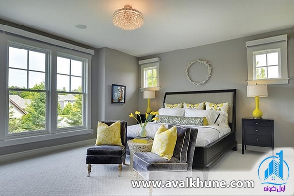 ترکیب رنگ زرد و خاکستری برای اتاق خواب مستر در ویلا